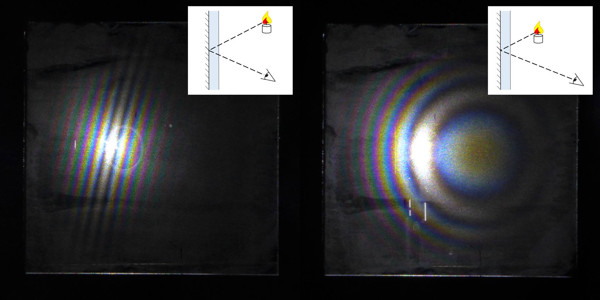 Interference patterns in a mirror covered in a layer of chalk dust