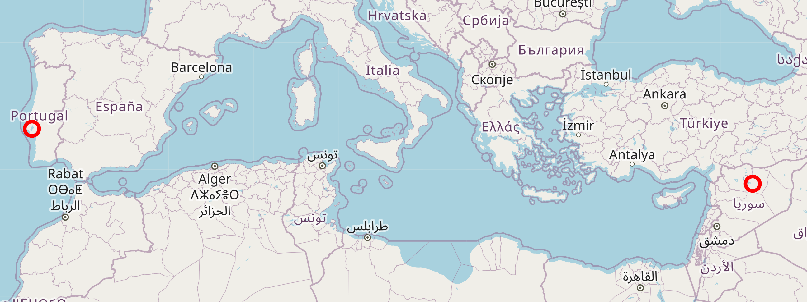 Map showing Lisbon (Portugal) and Raqqa (Syria)